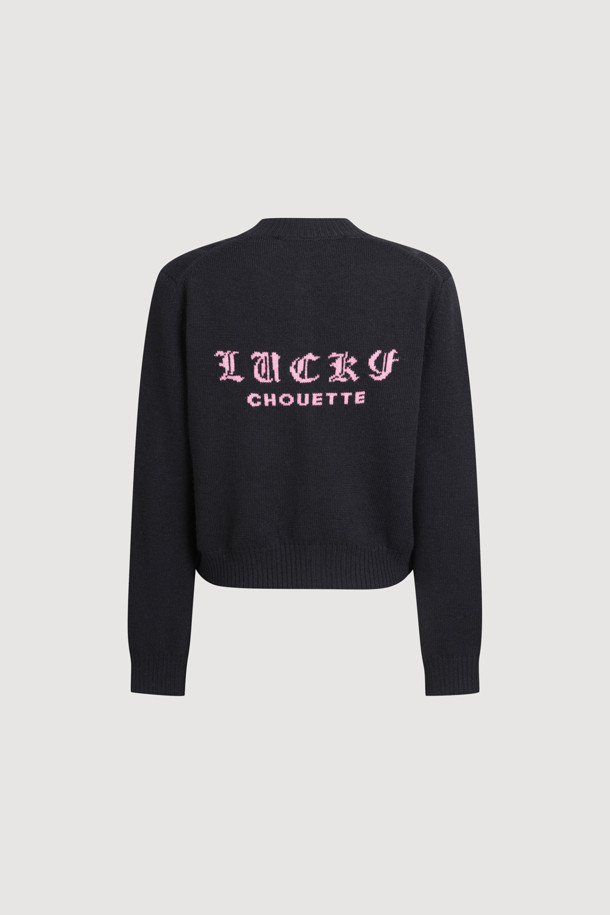 LUCKY CHOUETTE - 가디건 - Back Lucky Lettering Knit Cardigan (black)