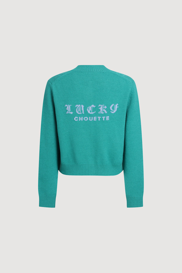 LUCKY CHOUETTE - 가디건 - Back Lucky Lettering Knit Cardigan (green)