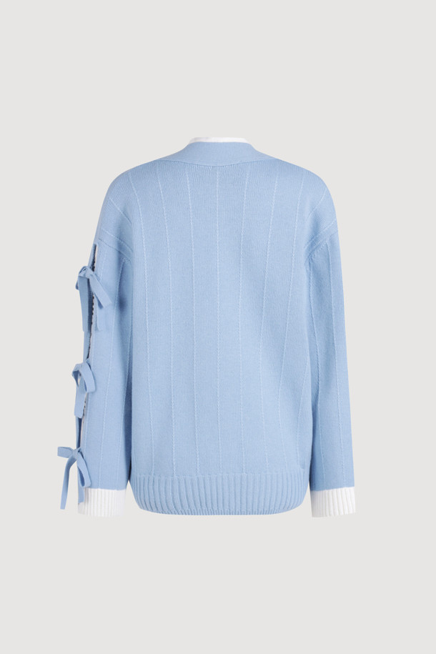 LUCKY CHOUETTE - 가디건 - Sleeve Ribbon Detail V-Neck Cardigan (blue)