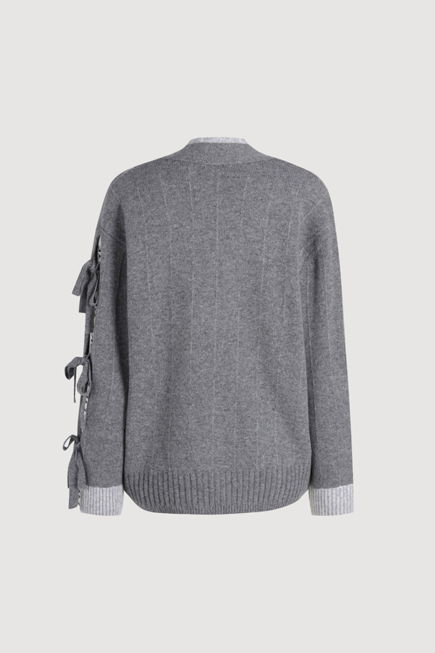 LUCKY CHOUETTE - 가디건 - Sleeve Ribbon Detail V-Neck Cardigan (melange grey)