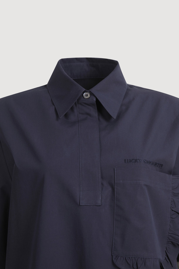 LUCKY CHOUETTE - 반소매 원피스 - Hem Frill Half Sleeve Cotton Shirt Dress (dark navy)