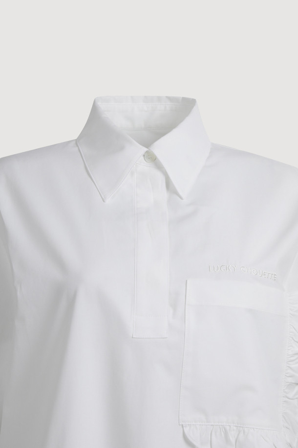 LUCKY CHOUETTE - 반소매 원피스 - Hem Frill Half Sleeve Cotton Shirt Dress (white)