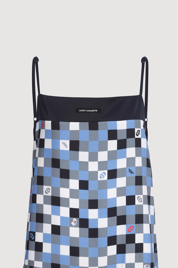 LUCKY CHOUETTE - 민소매 원피스 - Checkered Printed Slip Dress (blue)