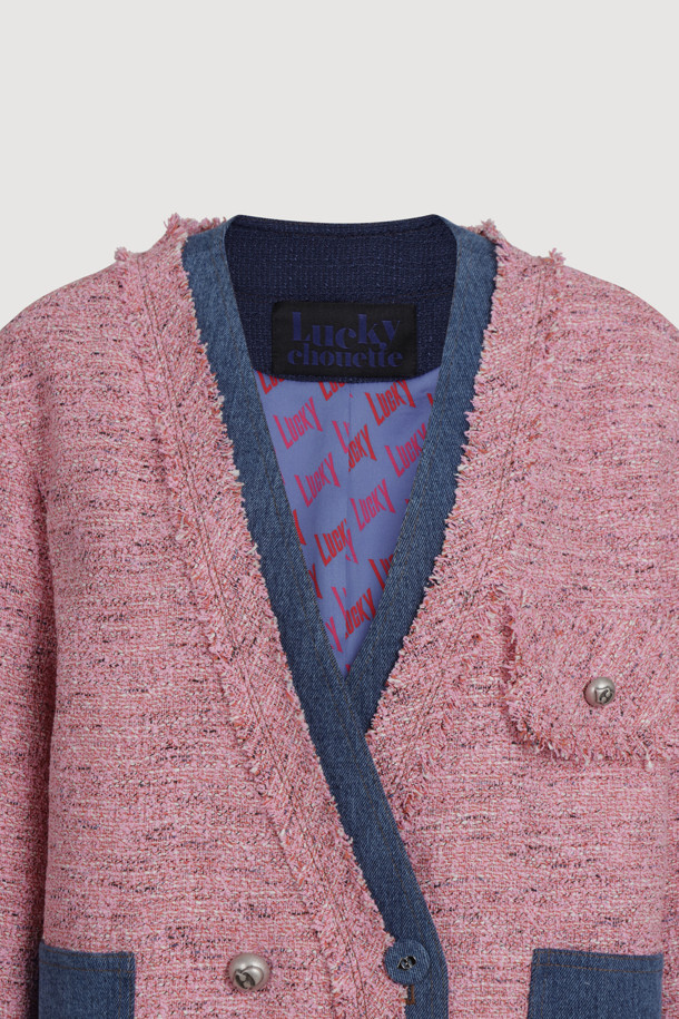 LUCKY CHOUETTE - 자켓 - Denim Patch Eyelet Pocket Tweed Jacket (pink)