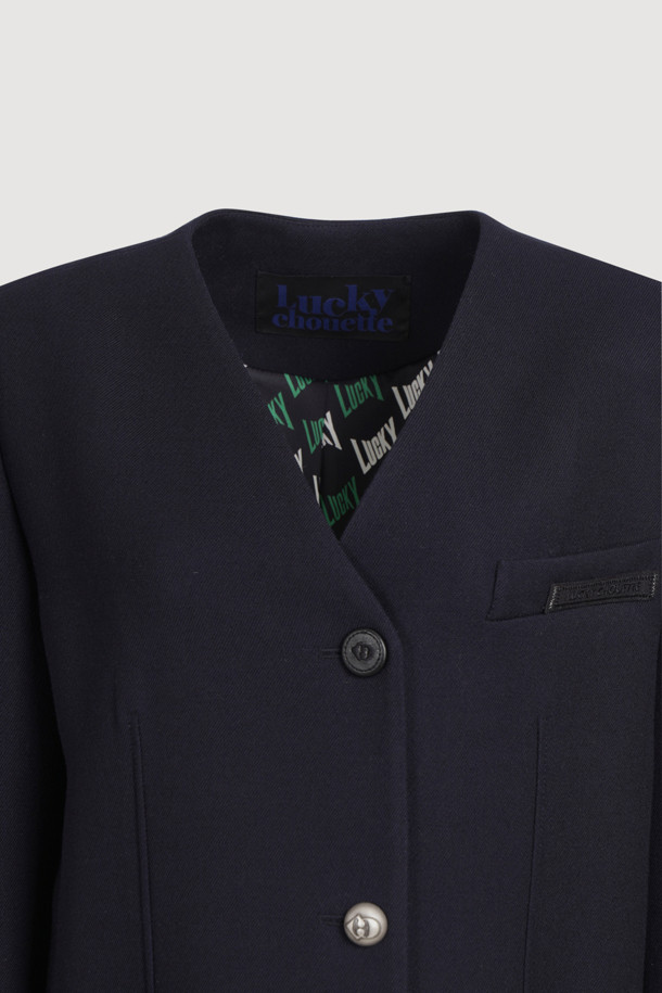 LUCKY CHOUETTE - 자켓 - V-neck Collarless Half Jacket (dark navy)