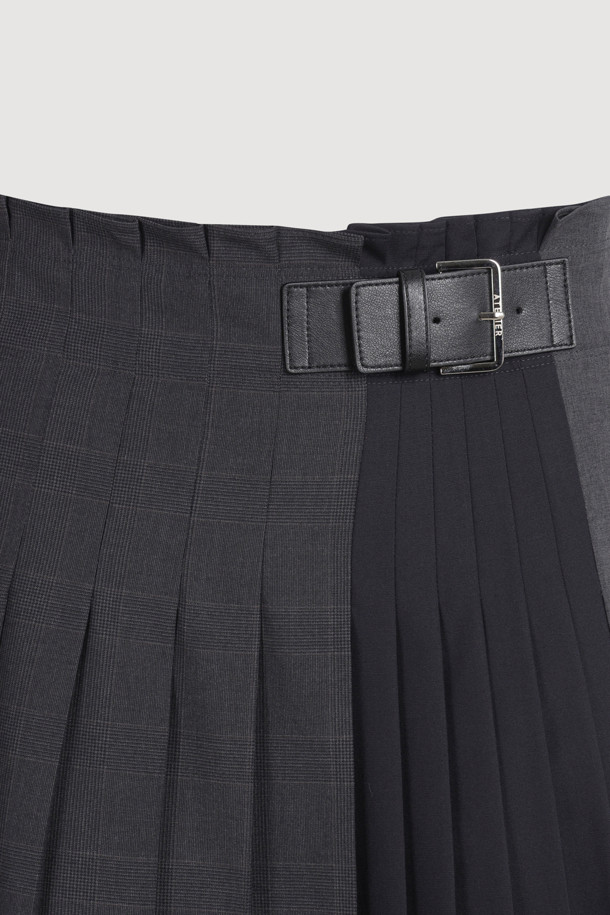 LUCKY CHOUETTE - 롱스커트 - [Atelier] Check Solid Mix Long Pleats Skirt (grey)