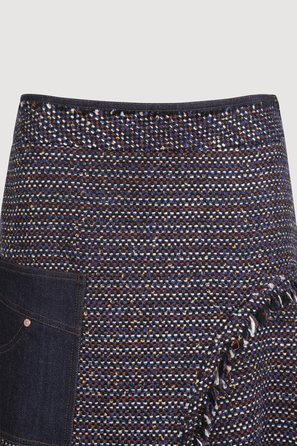 LUCKY CHOUETTE - 미니스커트 - Denim Patch Tweed Midi Skirt (dark navy)