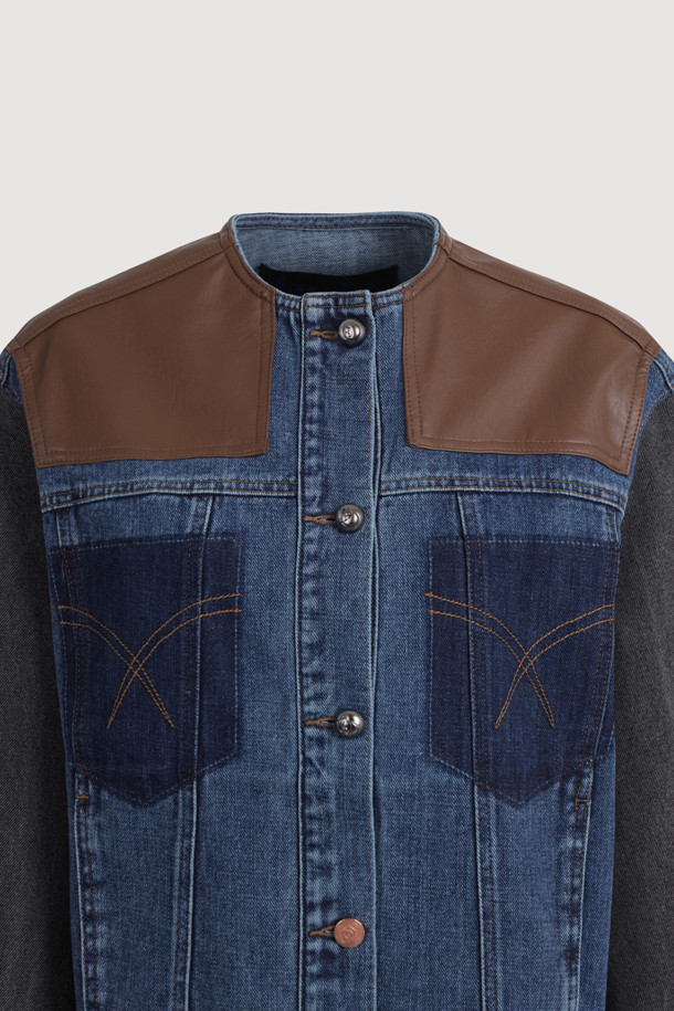 LUCKY CHOUETTE - 자켓 - [Re-Order] Fake Leather Color Block Denim Jacket (blue)