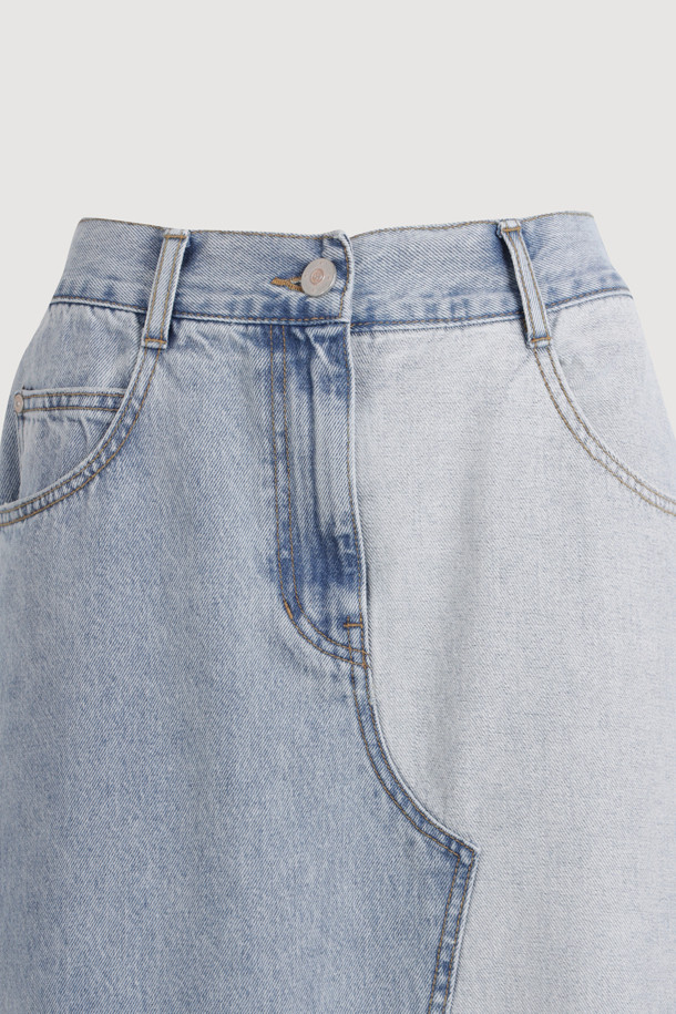 LUCKY CHOUETTE - 롱스커트 - Back Banding Color Block Long Denim Skirt (blue)