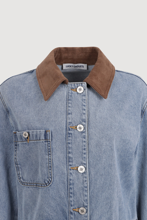 LUCKY CHOUETTE - 데님 원피스 - Corduroy Collar Denim Dress (blue)