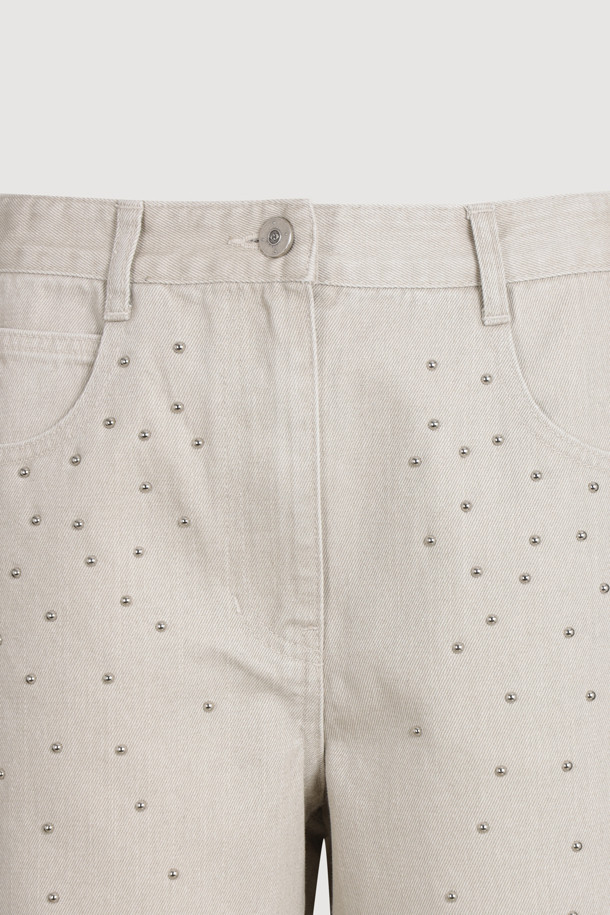 LUCKY CHOUETTE - 롱/미디팬츠 - Stud Decoration Denim Pants (light beige)