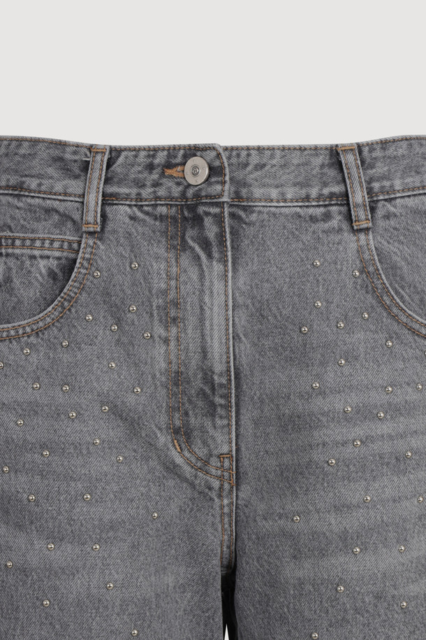 LUCKY CHOUETTE - 롱/미디팬츠 - Stud Decoration Denim Pants (light grey)