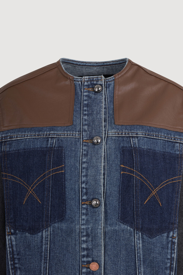 LUCKY CHOUETTE - 점퍼 - Fake Leather Color Block Denim Jacket (blue)