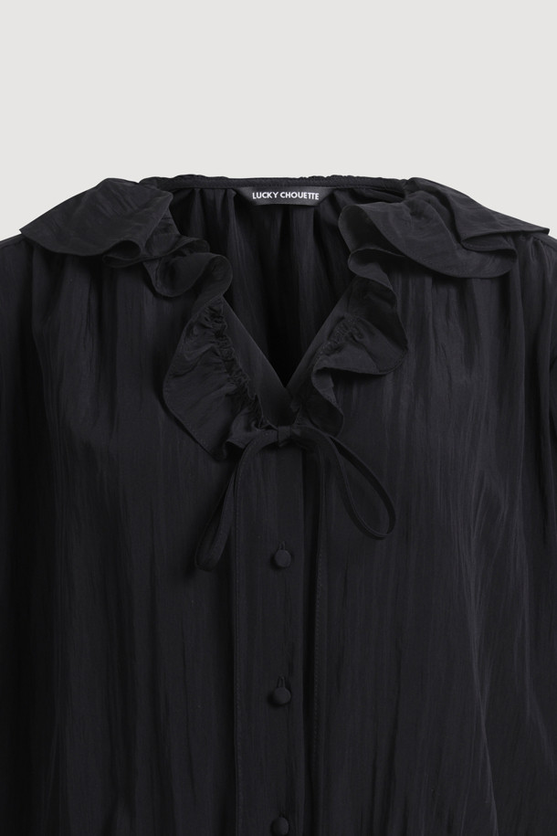 LUCKY CHOUETTE - 블라우스 - Full Open Frill Half Sleeve Blouse (black)