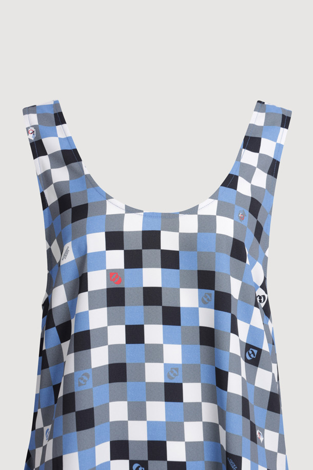 LUCKY CHOUETTE - 블라우스 - Check Print MIX Sleeveless Blouse (blue)