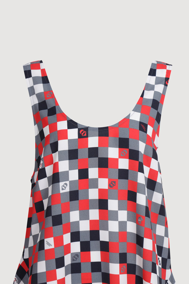 LUCKY CHOUETTE - 블라우스 - Check Print MIX Sleeveless Blouse (red)