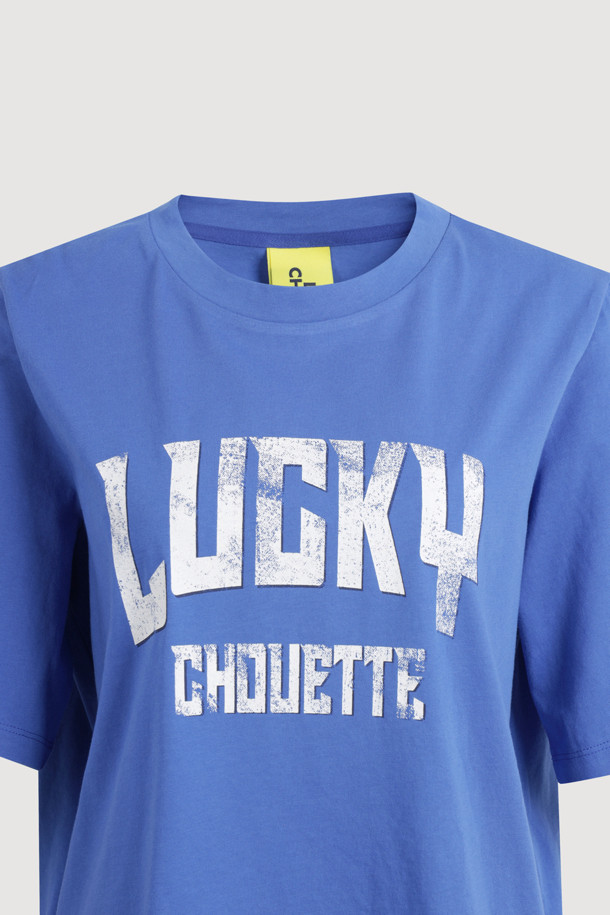 LUCKY CHOUETTE - 반소매 티셔츠 - Lucky Lettering Loose Fit Half Sleeve T-shirt (blue)