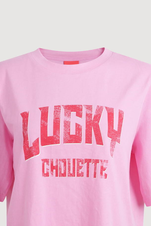 LUCKY CHOUETTE - 반소매 티셔츠 - Lucky Lettering Loose Fit Half Sleeve T-shirt (pink)