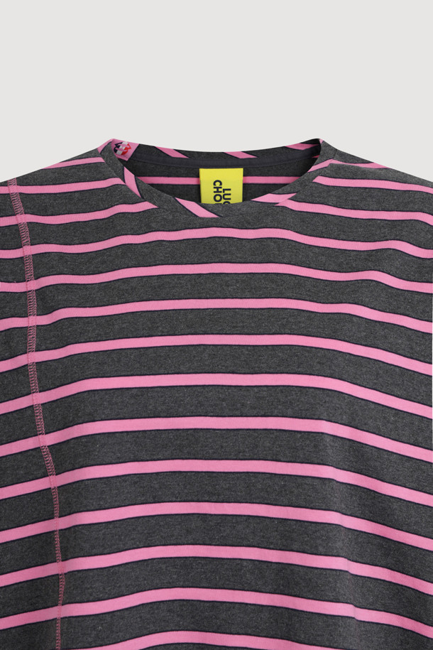 LUCKY CHOUETTE - 반소매 티셔츠 - Mesh Stripe Half Sleeve T-shirt (dark grey)