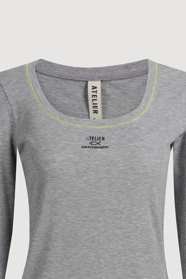 LUCKY CHOUETTE - 긴소매 티셔츠 - [Atelier] U-neck Ribbed Slim Fit Long Sleeve T-shirt (melange grey)