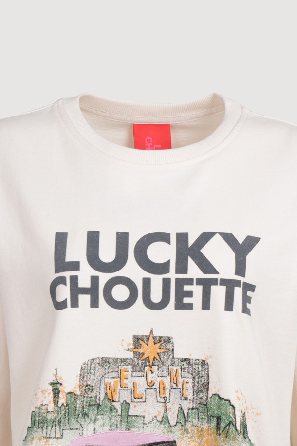 LUCKY CHOUETTE - 반소매 티셔츠 - [Holiday Edition] Print Point Loose Fit Short Sleeve T-shirt (light beige)