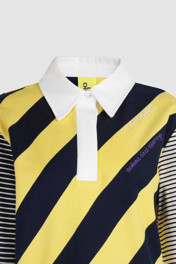 LUCKY CHOUETTE - 긴소매 티셔츠 - Stripe Mix Collar Long Sleeve T-shirt (yellow)