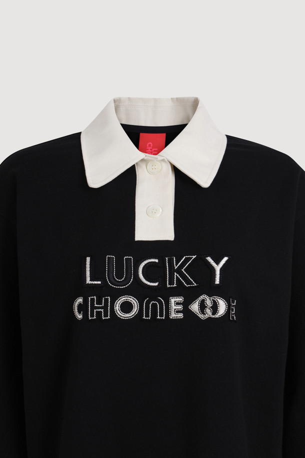 LUCKY CHOUETTE - 긴소매 티셔츠 - Embroidered Point Collar Long-sleeved T-shirt (black)