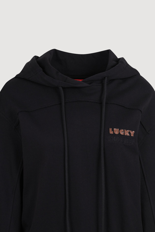 LUCKY CHOUETTE - 후디 - Embroidery Point Cropped Hoodie T-shirt (black)