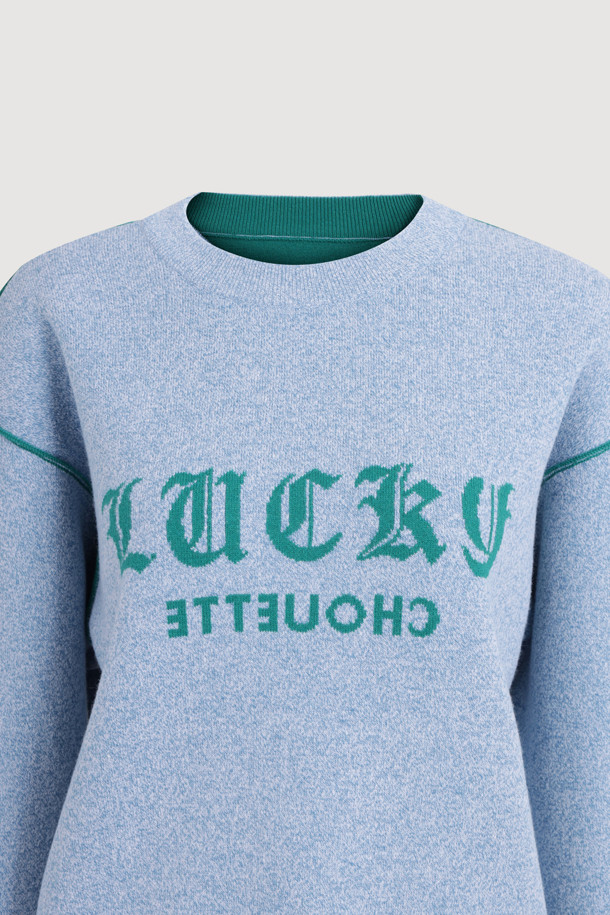 LUCKY CHOUETTE - 스웨터 - Reversible Lettering Round Neck Knit Pullover (blue)