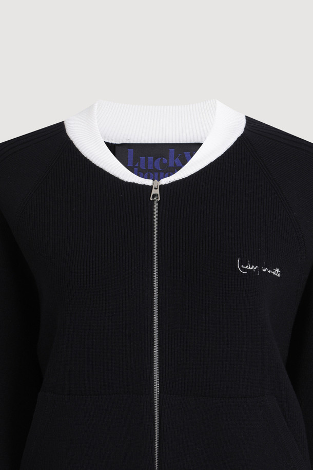 LUCKY CHOUETTE - 가디건 - Slim Fit Zip up Knit Cardigan (black)