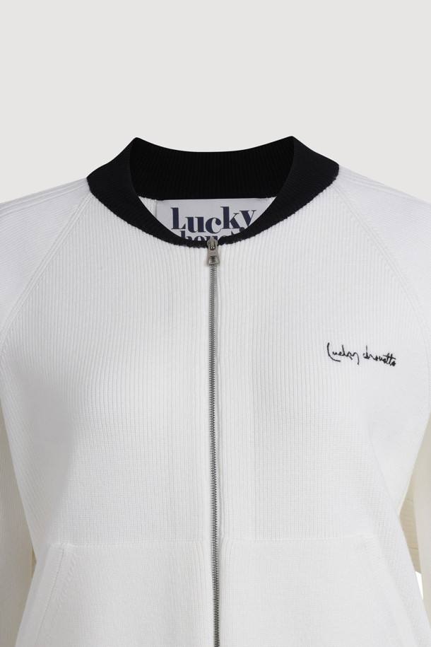 LUCKY CHOUETTE - 가디건 - Slim Fit Zip up Knit Cardigan (ivory)