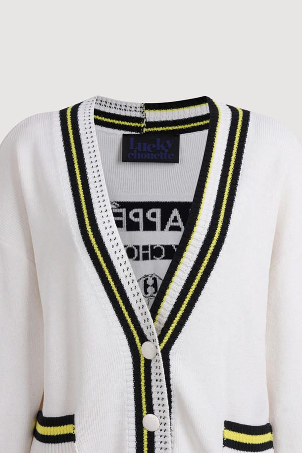 LUCKY CHOUETTE - 가디건 - Color Line Back Lettering Knit Cardigan (ivory)