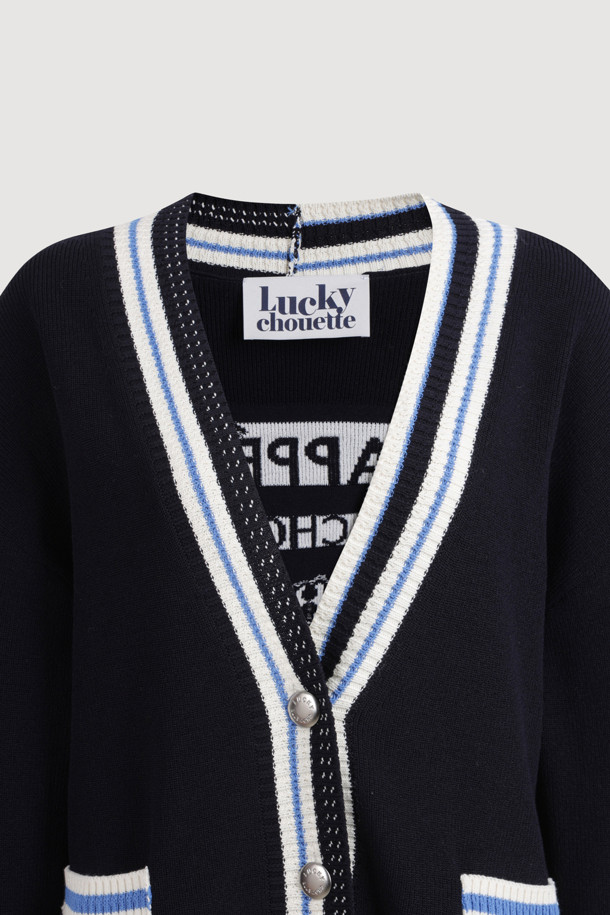 LUCKY CHOUETTE - 가디건 - Color Line Back Lettering Knit Cardigan (dark navy)