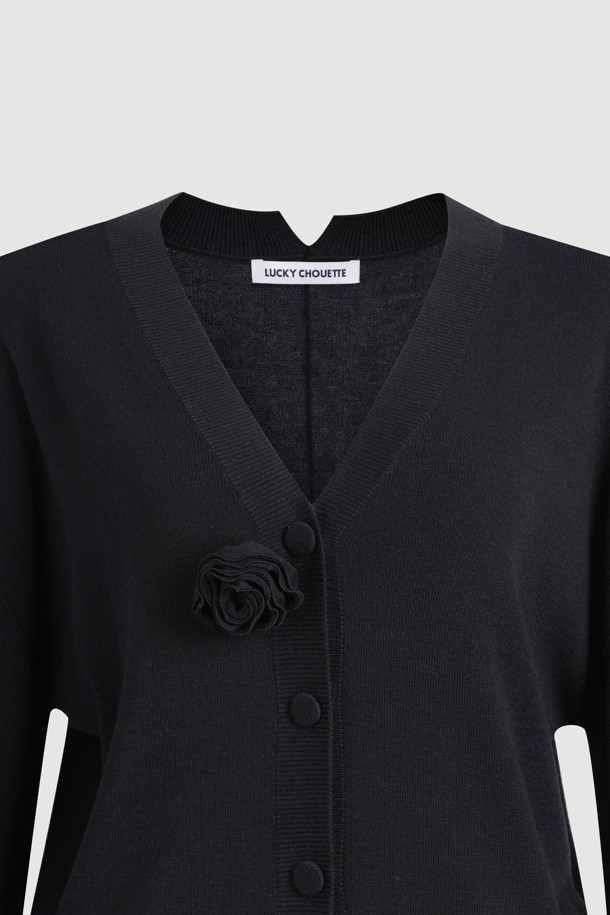 LUCKY CHOUETTE - 가디건 - Double Emblem Embroidery V Neck Knit Cardigan (black)