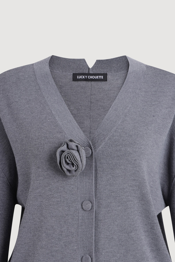 LUCKY CHOUETTE - 가디건 - Double Emblem Embroidery V Neck Knit Cardigan (melange grey)