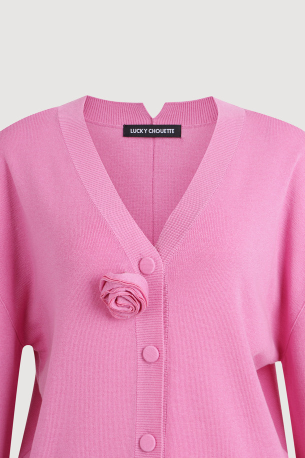 LUCKY CHOUETTE - 가디건 - Double Emblem Embroidery V Neck Knit Cardigan (pink)