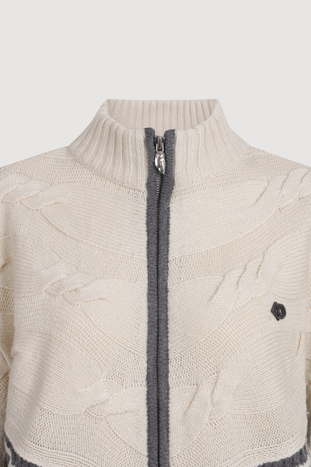 LUCKY CHOUETTE - 가디건 - Half Colored Cable Jumper-Type Knit Cardigan (ivory)