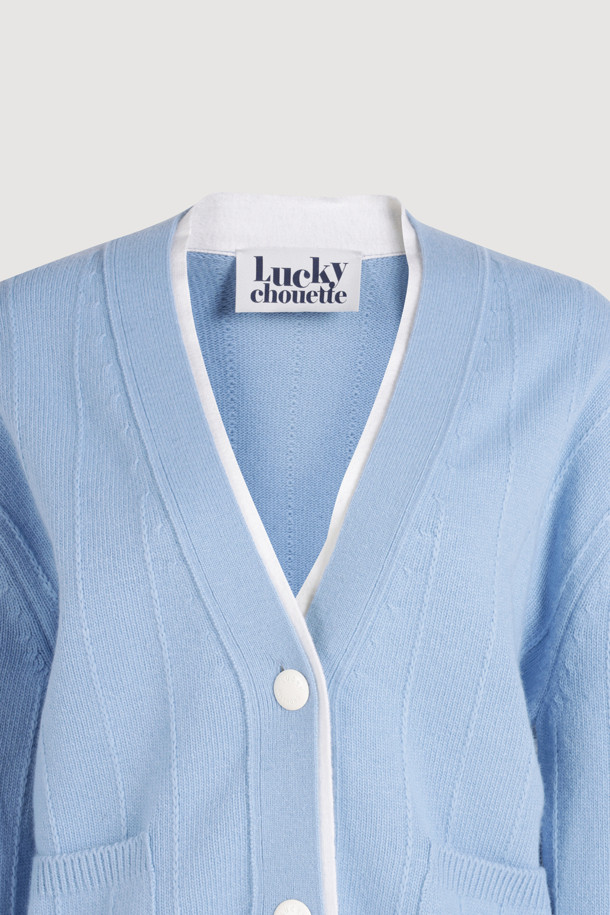 LUCKY CHOUETTE - 가디건 - Sleeve Ribbon Detail V-Neck Cardigan (blue)