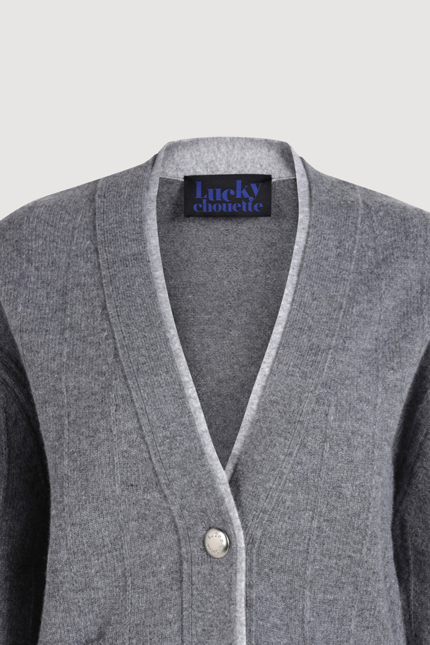 LUCKY CHOUETTE - 가디건 - Sleeve Ribbon Detail V-Neck Cardigan (melange grey)