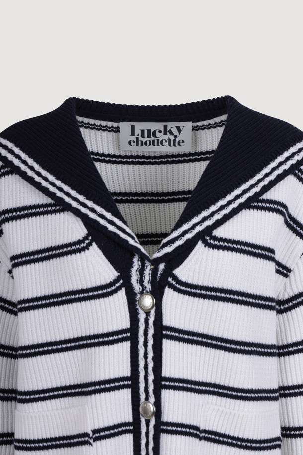 LUCKY CHOUETTE - 가디건 - Stripe Crop Knit Cardigan (ivory)