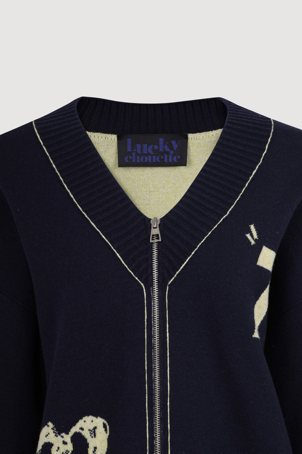 LUCKY CHOUETTE - 가디건 - V-neck Zip-up Knit Cardigan (dark navy)