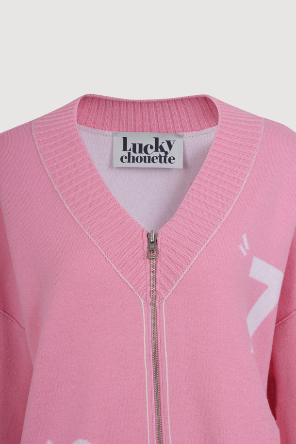 LUCKY CHOUETTE - 가디건 - V-neck Zip-up Knit Cardigan (pink)