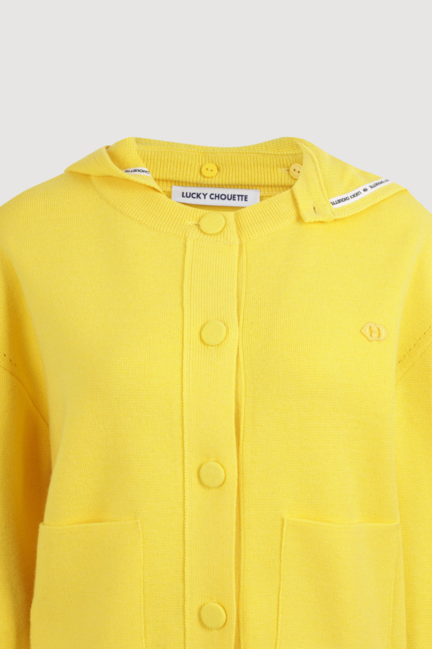 LUCKY CHOUETTE - 가디건 - Detachable Hooded Round Neck Knit Cardigan (yellow)