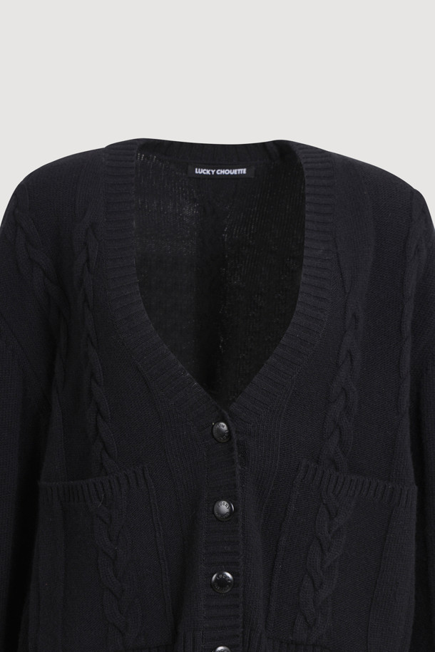 LUCKY CHOUETTE - 니트/가디건 - Logo Tape Cable Cardigan (black)