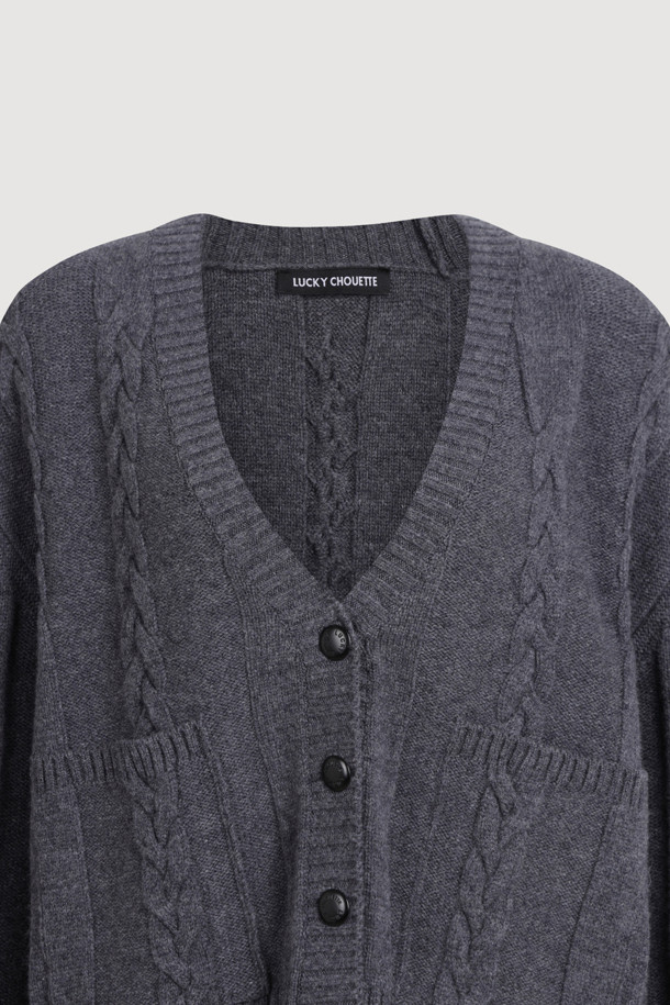 LUCKY CHOUETTE - 니트/가디건 - Logo Tape Cable Cardigan (melange grey)