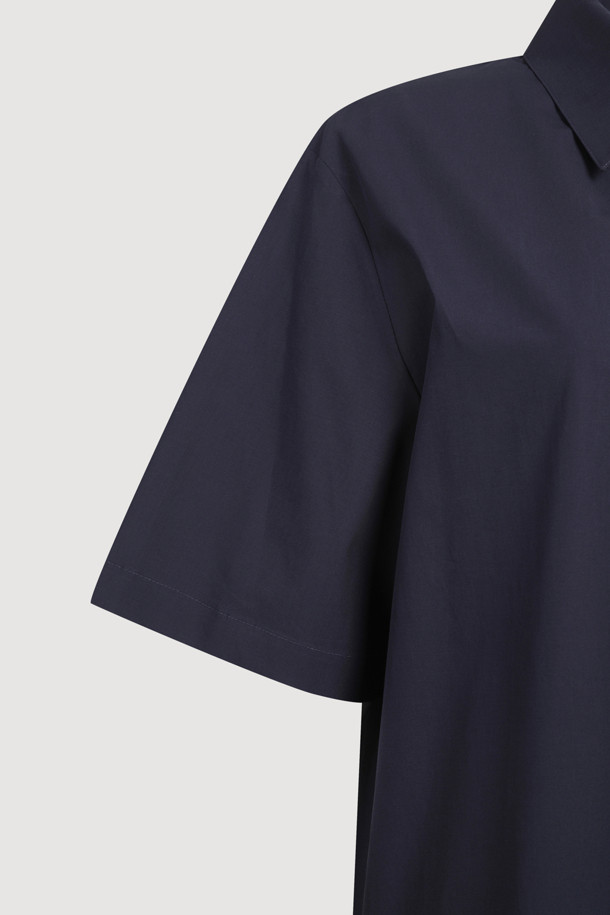 LUCKY CHOUETTE - 반소매 원피스 - Hem Frill Half Sleeve Cotton Shirt Dress (dark navy)