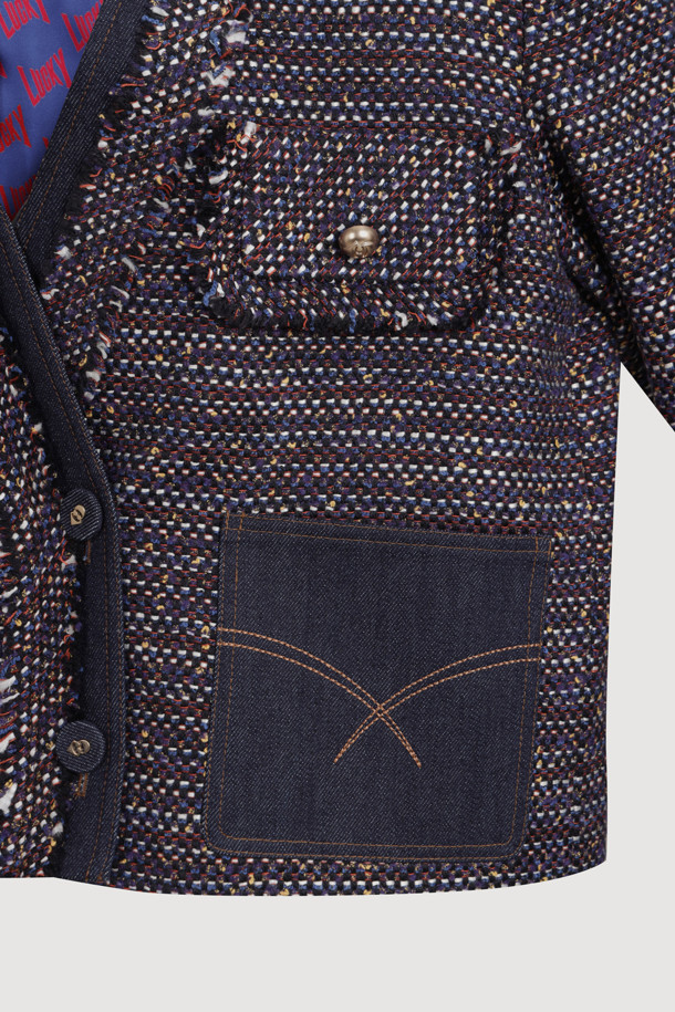 LUCKY CHOUETTE - 자켓 - Denim Patch Eyelet Pocket Tweed Jacket (dark navy)