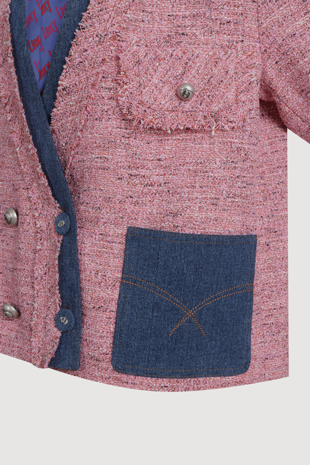 LUCKY CHOUETTE - 자켓 - Denim Patch Eyelet Pocket Tweed Jacket (pink)