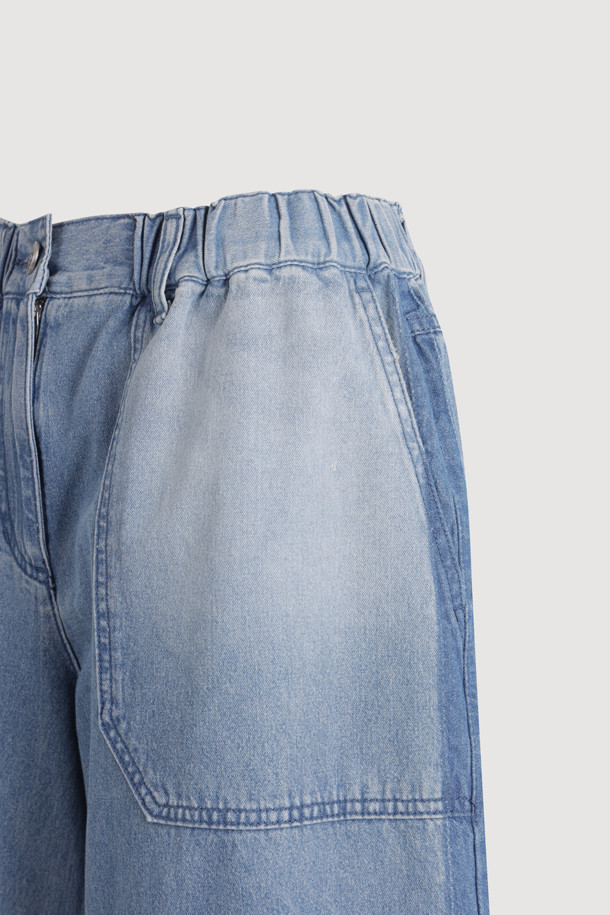 LUCKY CHOUETTE - 롱/미디팬츠 - [Re-Order] Hem Frill Back Banding Wide Denim Pants (blue)
