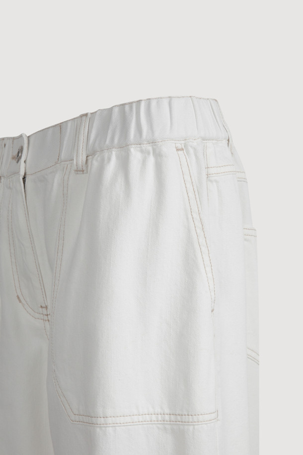 LUCKY CHOUETTE - 롱/미디팬츠 - Hem Frill Back Banding Wide Denim Pants (white)